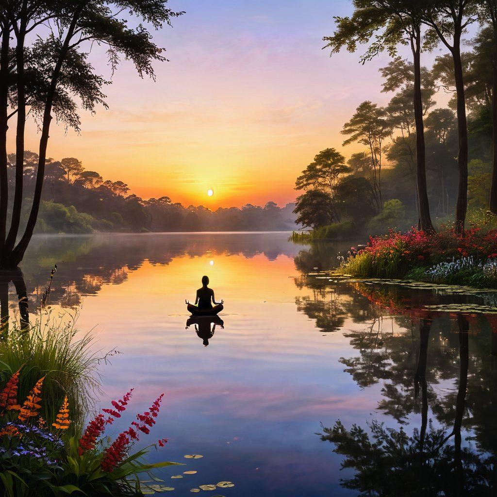 A serene landscape featuring a sunrise over a tranquil lake, with ten colorful keys floating above water, each representing a different strategy for happiness. People in silhouette practicing yoga and meditation along the shore, surrounded by blooming flowers and lush greenery. A gentle breeze creating rippling reflections in the water. warm, inviting colors. super-realistic.