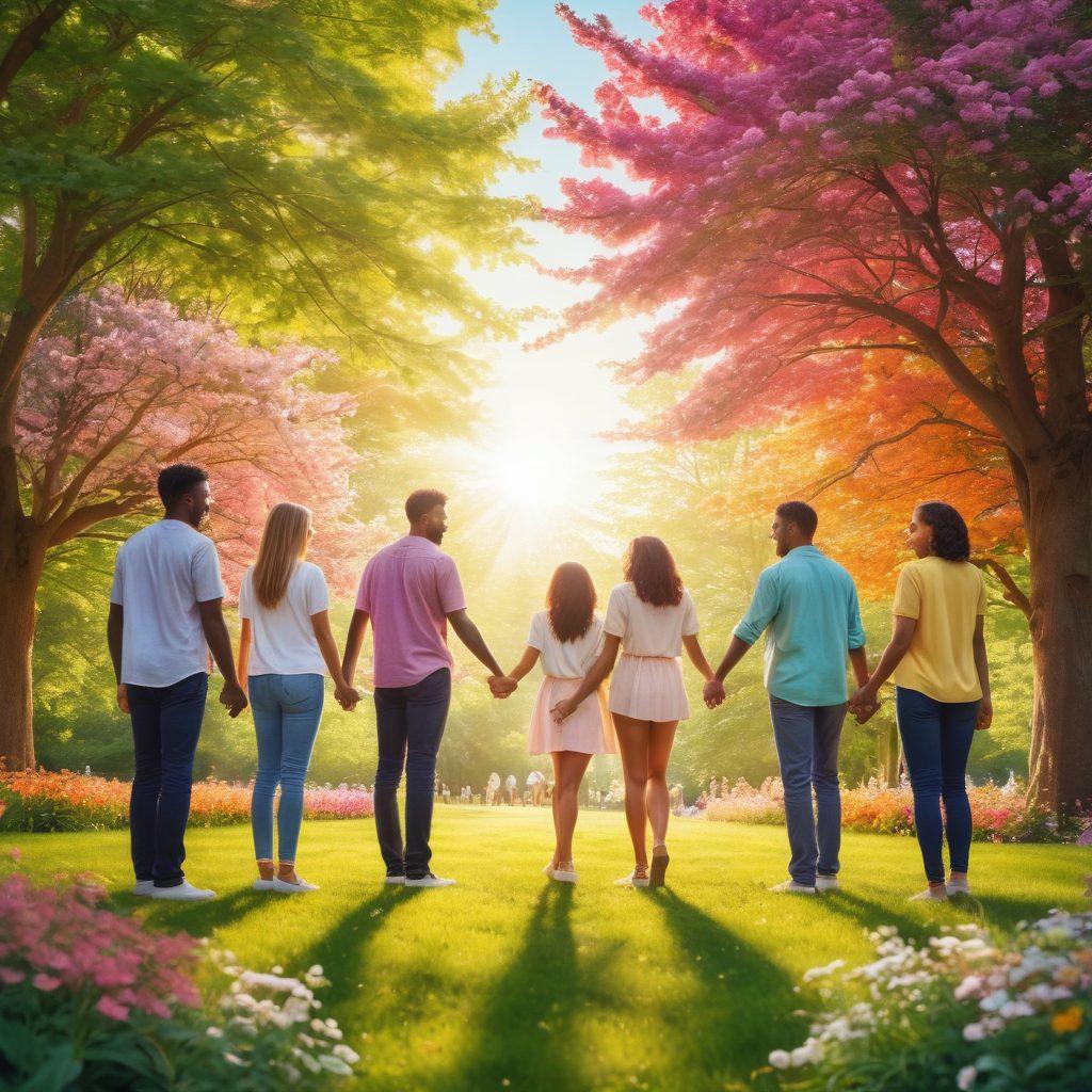 A diverse group of people, holding hands in a vibrant park setting, showcasing unity and support among friends, family, and colleagues. A backdrop of blooming flowers and trees, with sun rays filtering through the leaves, creating a cheerful and uplifting atmosphere. Soft pastel colors with a warm glow. super-realistic. vibrant colors. light warm background.