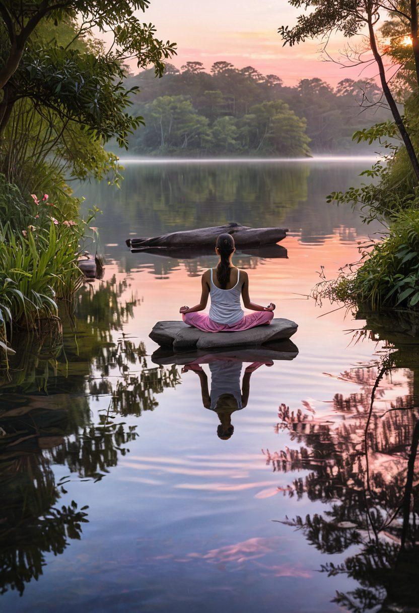A serene person meditating on a tranquil lakeside at sunrise, surrounded by soft hues of pink and orange, with floating motivational quotes in elegant typography emerging from the water. Incorporate elements of nature such as gentle ripples and lush greenery to convey emotional wellness. super-realistic. vibrant colors. calming atmosphere.